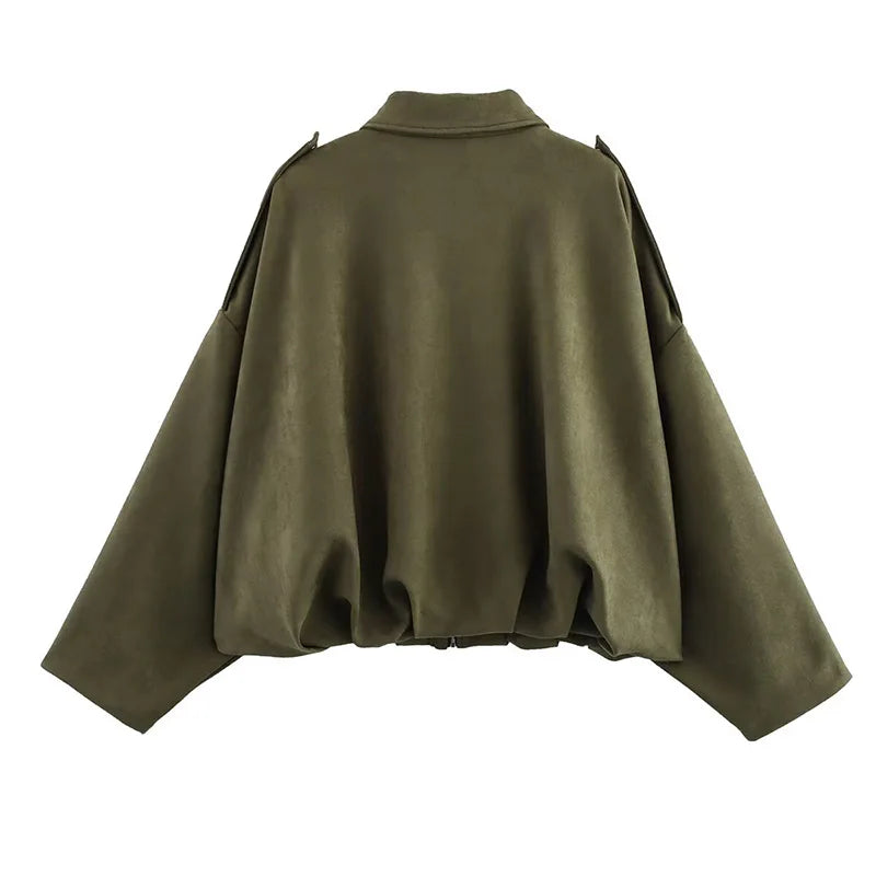 Women's Bomber Jackets Coats Fashion Turn-down Collar Long Sleeve Loose Coats Vintage Female Outerwear Chic Tops